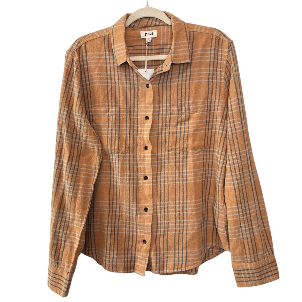 Pact‎ Mila Flannel Shirt Womens Size L Blue Surf Plaid Organic Cotton NWT